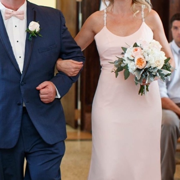 Chiffon Sheath Bridesmaid Dress with Beaded diamond like Straps in Petal size 6 - Picture 2 of 12